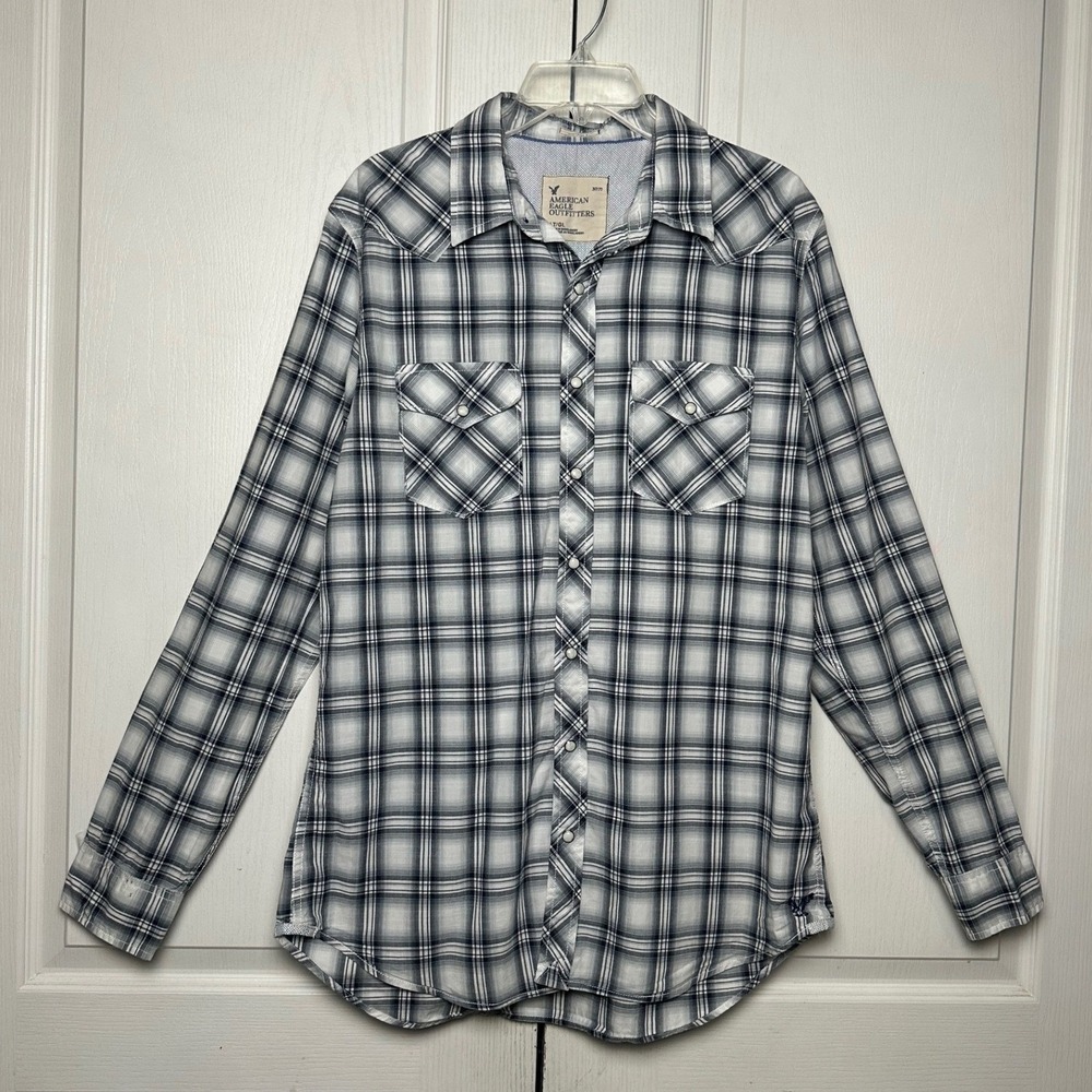 American Eagle Plaid Western Pearl Snap Shirt Vintage Fit Navy White Size LT